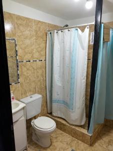 a bathroom with a toilet and a shower curtain at El Rincón de km8 in Comodoro Rivadavia