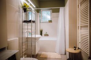 a bathroom with a shower and a sink and a tub at Glow Central Apartment Eminescu in Târgu-Mureş +25 photos