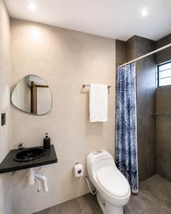 a bathroom with a toilet and a sink and a mirror at Sarao in Santa Cruz de la Sierra