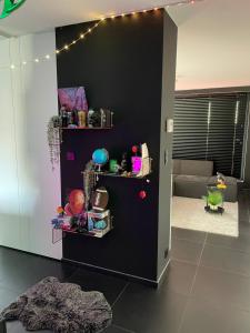 a living room with a black wall with shelves at Tommorowland Apartement in Boom