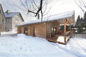 a wooden cabin in the snow with a porch at Holzmichel in Friedrichroda