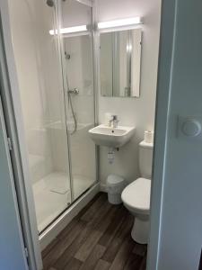 a bathroom with a shower and a toilet and a sink at Unisotel Bollène A7 Ex-Hotel F1 in Bollène