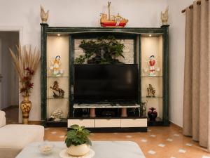 a living room with a flat screen tv in a fireplace at Villa Sofia in Durrës