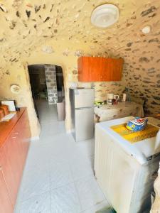 a kitchen with a white refrigerator and a counter at Mani Spot by the Sea in Gerolimenas