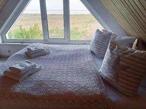 a bed with two towels on it in front of a window at Wunderschönes Ferienhaus am Schilfufer in Barth in Barth