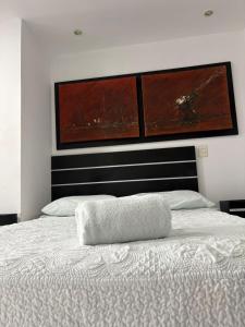 a bedroom with a bed with two paintings on the wall at Villa San Miguel in San Andrés