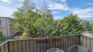a balcony with two trees and a fence at Apartman Sandy Prestige in Veľký Meder