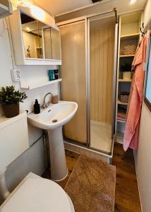 a small bathroom with a sink and a shower at Hofquartier Greven in Greven