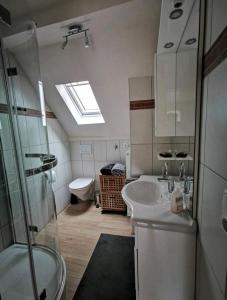a bathroom with a sink and a shower and a toilet at Haus Sonnenschein in Bad Bertrich +26 photos