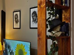 a living room with a television and a shelf with pictures at Spin Inn in Kotor