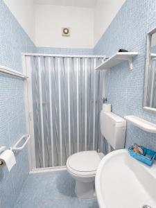 a blue tiled bathroom with a toilet and a sink at B&B A Vinedda in Scilla +15 photos