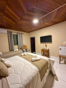 a bedroom with a large bed and a flat screen tv at Casa Astral in Chapada dos Guimarães