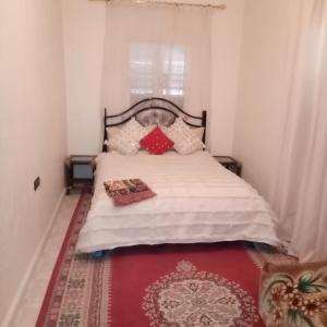 a bedroom with a white bed with red pillows at Gite Tilouguite in Tillouguit nʼAït Isha