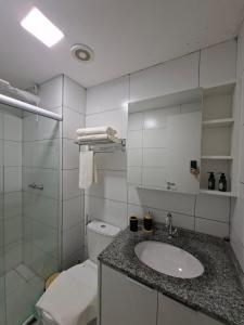 a bathroom with a sink and a toilet and a shower at Flat Itaguai in Itaguaí