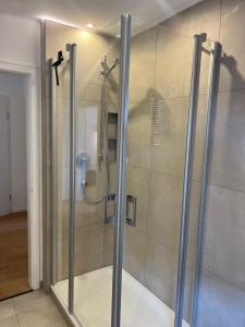 a shower with a glass door in a bathroom at Modernes Altstadtappartment Suite Plötze 13 Limburg in Limburg an der Lahn
