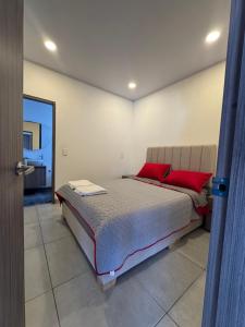 a bedroom with a large bed with red pillows at House premium in Macanal