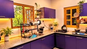 a kitchen with purple cabinets and a sink and a window at Apex inn in Manippai