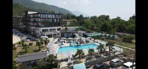 an aerial view of a resort with a swimming pool at Zora Apartments in Ohrid