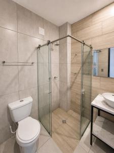 a bathroom with a shower and a toilet and a sink at Hotel La Leonelda in Ocaña