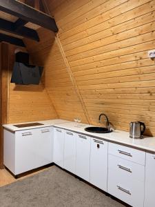 a kitchen with white cabinets and a wooden wall at Delta Rest House in Nor Hachyn