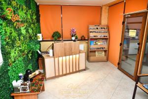 a room with a green wall with a counter at Vila Rosa Maria in Mangalia