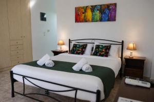 a bedroom with a large bed with a green blanket at Green Parrot Apartments in Frátsia