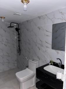 a bathroom with a white toilet and a sink at FLORA RUM LUXURY CAMP & Bubble Hotel in Wadi Rum +109 photos