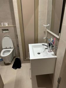 a bathroom with a white sink and a toilet at Zaineb in Hammamet Sud