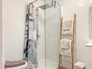 a bathroom with a shower and a toilet at Appart'hôtel DLOKOKO Sainte Luce centre in Sainte-Luce +102 photos