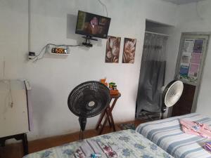 a bedroom with a bed and a fan and a tv at Hospedagem Chapéu Virado in Belém
