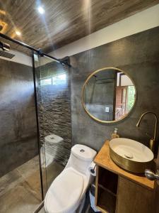 a bathroom with a toilet and a sink and a mirror at Refugio del Lago in Envigado