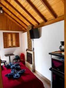 a room with a red bed and a fireplace at Chalé Refúgio Jaguary in Monte Verde +26 photos