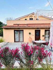 a house with a patio and a table with pink flowers at green & blue villa in Glykadi