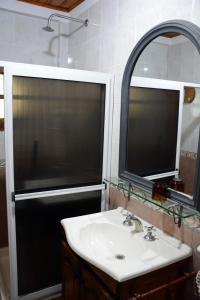 y baño con lavabo, ducha y espejo. en Cabañas Antu Kuyen en Las Gaviotas