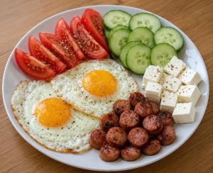 a plate of eggs and other food on a table at Hotel haliti kukes in Kukës