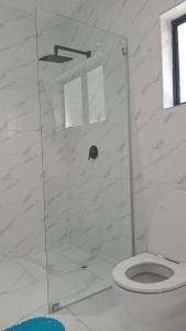 a bathroom with a toilet and a glass shower at Niasha Gardens in Chinhoyi