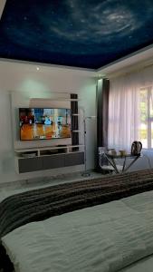 a bedroom with a flat screen tv and a bed at Niasha Gardens in Chinhoyi