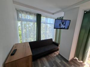 a living room with a couch and a flat screen tv at Apartamente VILLA 7 On The Beach in Eforie Nord