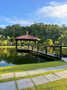 a gazebo in a park next to a pond at Chalés Aframe com café da manhã artesanal, 39km de Pomerode, Hidromassagem privativa, silenciosos em meio a natureza, lagoa para pesca esportiva in Massaranduba