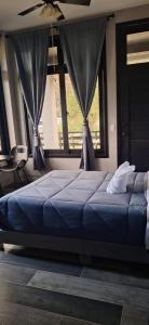 a bedroom with a large blue bed with windows at HOTEL D&S Ch'umil in Tzununá