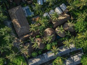 an overhead view of a rock garden with trees and plants at Gili Treehouses Private Pool Hideaway in Gili Trawangan