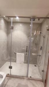 a bathroom with a shower with a sink and a toilet at Hotel Rajshree & Spa in Chandīgarh