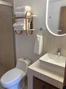a bathroom with a toilet and a sink and a mirror at Casa Granada in Guanajuato +33 photos