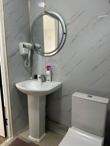a bathroom with a sink and a mirror and a toilet at Tosor Guest House Medet in Tossor