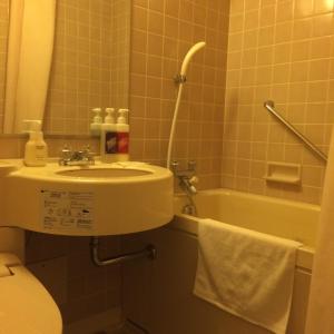 a bathroom with a sink and a toilet and a tub at Hotel Crown Hills Koriyama in Koriyama