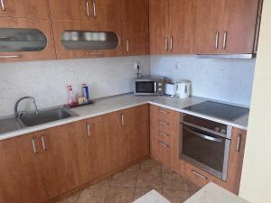 a kitchen with wooden cabinets and a sink and a microwave at Къща Бети самостоятелни апартаменти с двор край Пловдив in Skutare