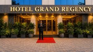 a man standing on a red rug in front of a hotel at Hotel Grand Regency by JMD Group Near Delhi IGI Airport in New Delhi