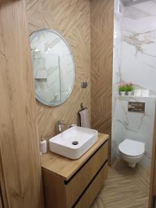 a bathroom with a white sink and a mirror at Blue Perła Premium in Kutno
