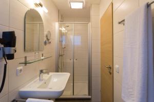 La salle de bains est pourvue d'un lavabo et d'une douche. dans l'établissement Landhotel Grätz, à Emmering