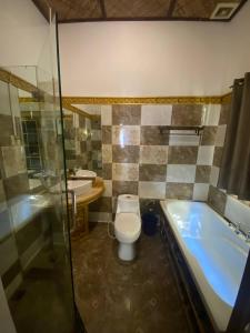a bathroom with a toilet and a tub and a sink at Le Grand Palais Hotel in Phnom Penh